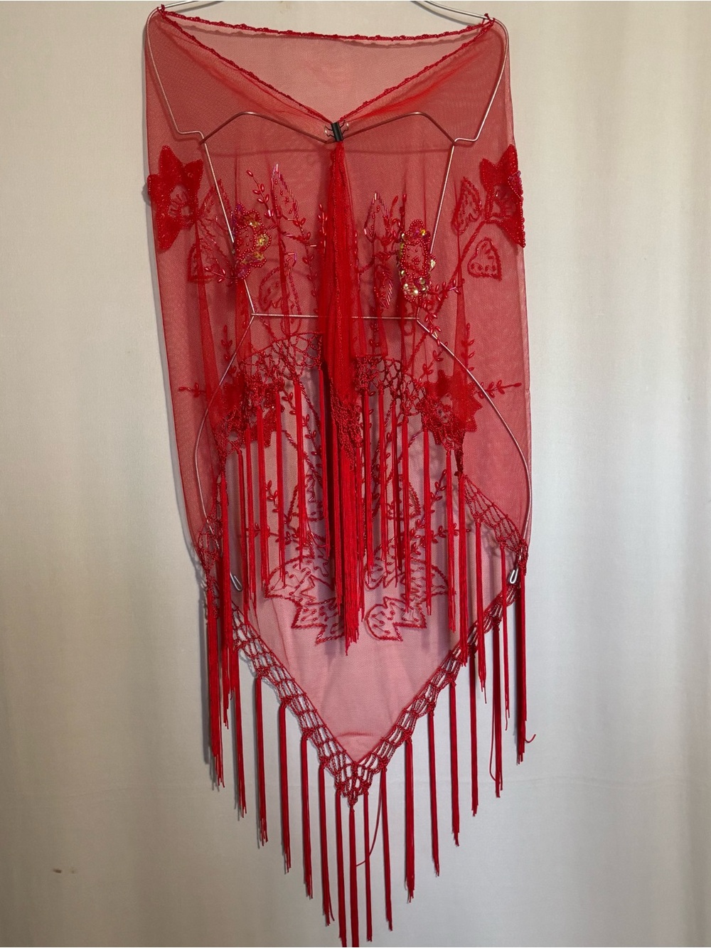Red Sheer Mesh Beaded Women's Elegant Shawl Sequin Tassel Hanging Hem